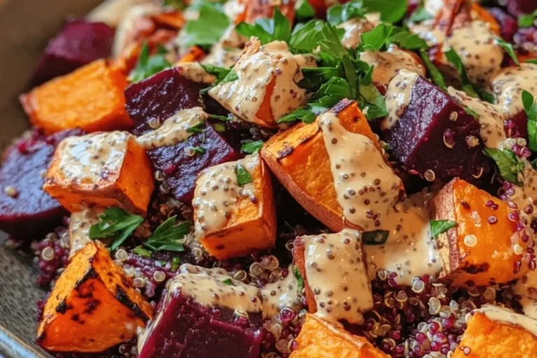 Beet, Sweet Potato, and Quinoa Salad with Creamy Lemon Tahini Dressing 1 BEET SWEET POTATO AND QUINOA SALAD WITH CREAMY LEMON TAHINI DRESSING min 1