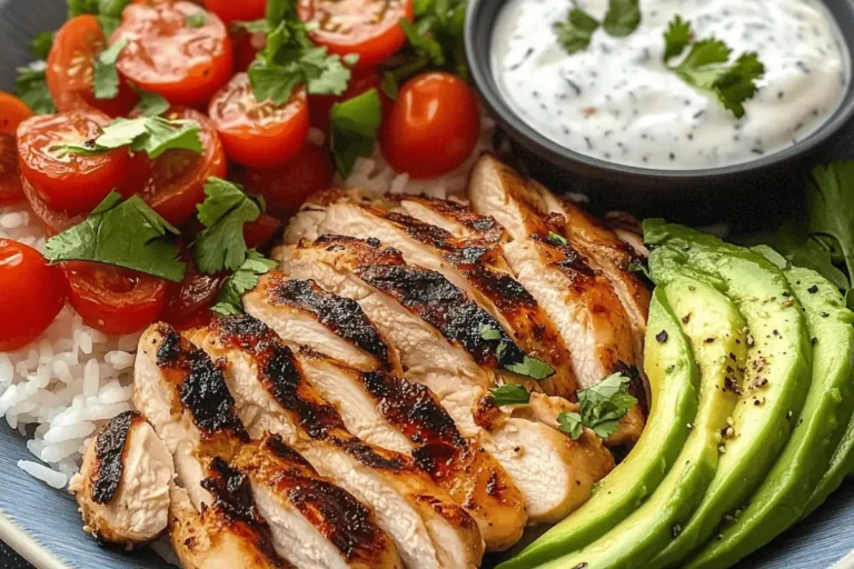 Spicy Grilled Chicken with Avocado Salad & Garlic Rice 1 Spicy Grilled Chicken