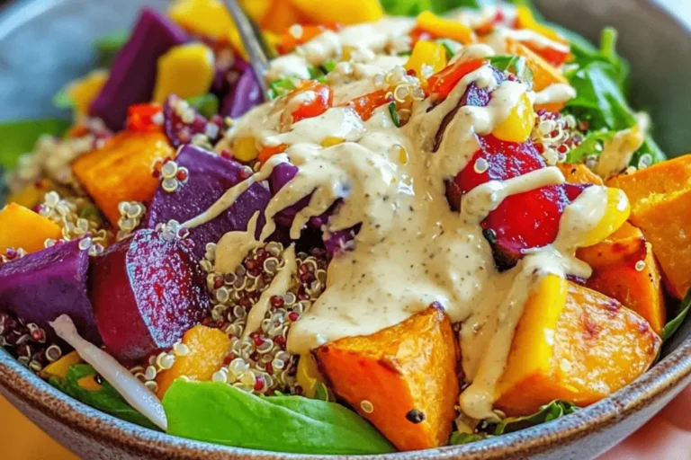 BEET SWEET POTATO QUINOA SALAD WITH GARLIC LEMON TAHINI DRESSING min