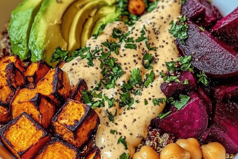 QUINOA POWER BOWL WITH ROASTED SWEET POTATOES CREAMY TAHINI DRESSING min