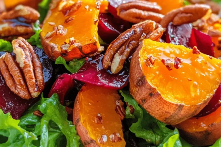 ROASTED SWEET POTATO BEET SALAD WITH CANDIED PECANS ORANGE DRESSING min