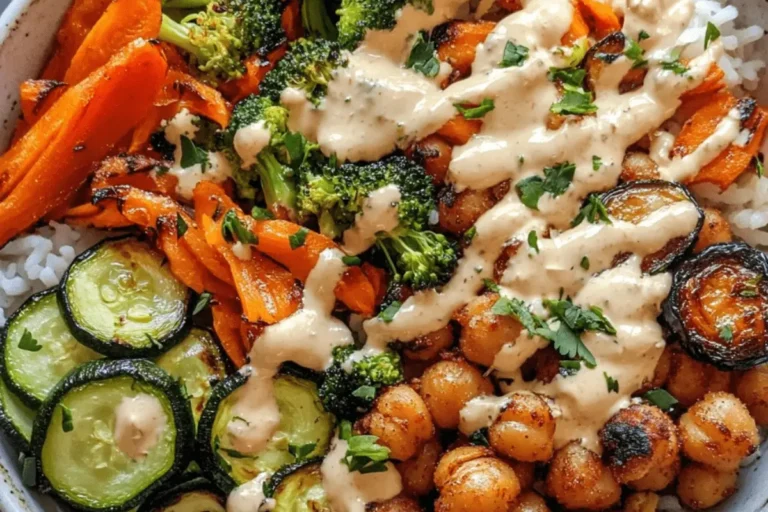 Roasted Vegetable & Chickpea Bowl with Creamy Tahini Dressing 1 ROASTED VEGETABLE CHICKPEA BOWL WITH CREAMY TAHINI DRESSING min