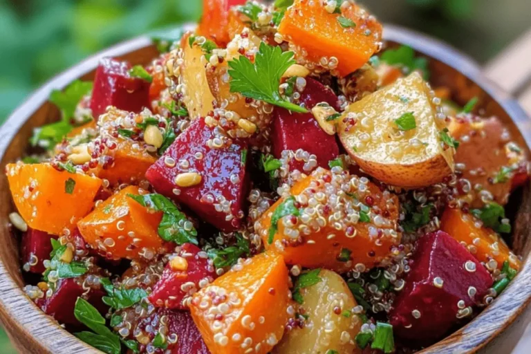 WARM BEET SWEET POTATO QUINOA SALAD WITH TANGY LEMON TAHINI DRESSING min