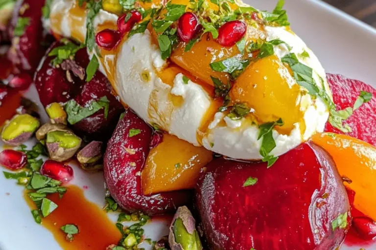 BURRATA ROASTED BEET SALAD WITH POMEGRANATE GLAZE PISTACHIOS min
