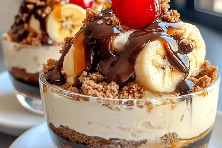 NO BAKE BANANA SPLIT CHEESECAKE CUPS WITH CARAMEL DRIZZLE min