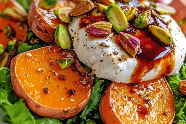 SWEET POTATO BURRATA SALAD WITH TOASTED PISTACHIOS CRANBERRY BALSAMIC GLAZE min