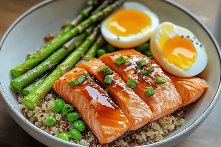 Steamed Salmon Bowl with Asparagus, Soft-Boiled Egg & Quinoa Rice 2 Steamed Salmon Bowl