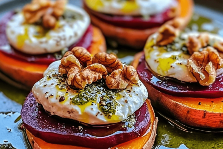 Sweet Potato Rounds with Burrata, Roasted Beets & Walnut-Sage Pesto 1 Sweet Potato Rounds with Burrata