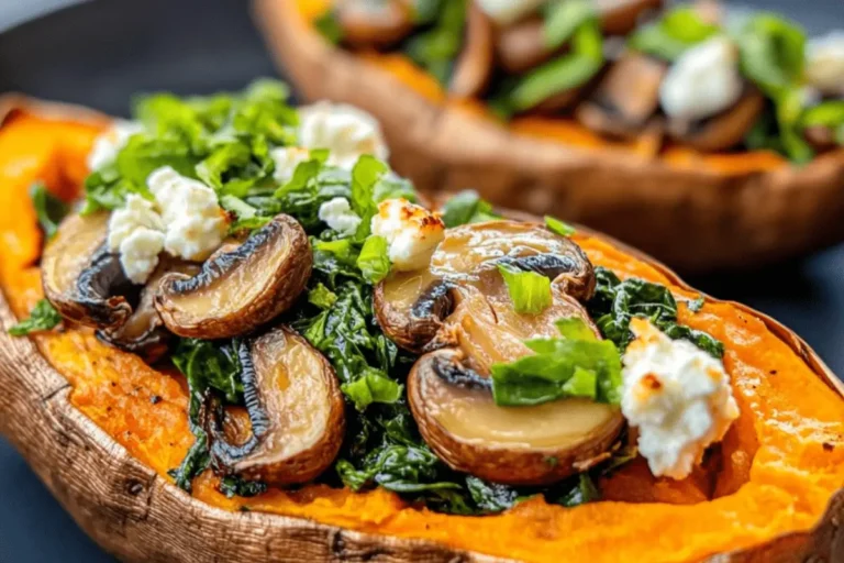 BAKED SWEET POTATOES WITH SPINACH MUSHROOM FETA ENHANCED WITH ROASTED GARLIC TAHINI SAUCE min