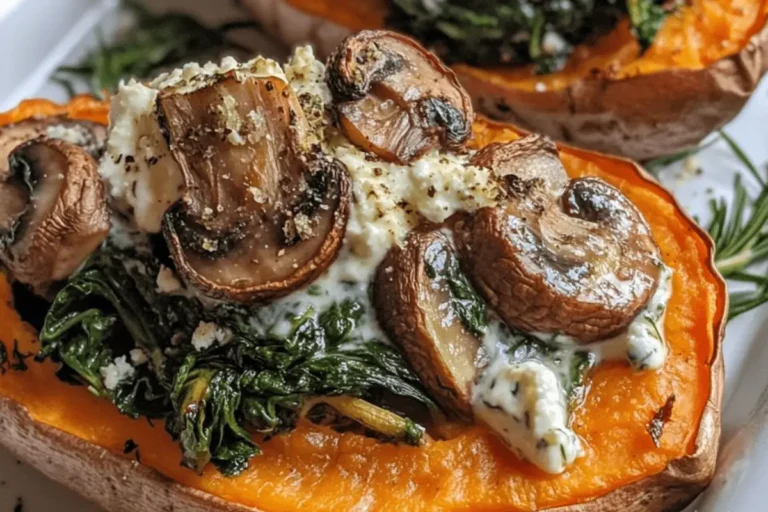 STUFFED SWEET POTATOES WITH SPINACH MUSHROOM FETA ROSEMARY FINISHED WITH LEMON DILL YOGURT SAUCE min