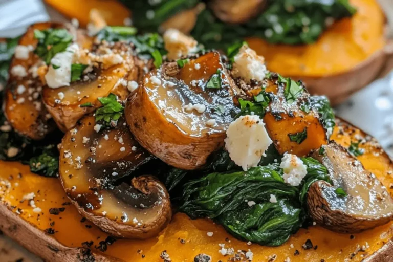 BAKED SWEET POTATOES WITH SPINACH MUSHROOM FETA ENHANCED WITH SPICY HARISSA TAHINI DRIZZLE min