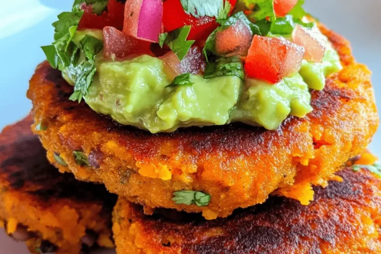 SWEET POTATO PATTIES WITH RED LENTILS CREAMY AVOCADO CILANTRO SAUCE GARNISHED WITH FRESH PICO DE GALLO min