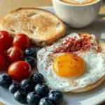 Sunny Breakfast Plate with Cappuccino, Eggs & Brie 3 r