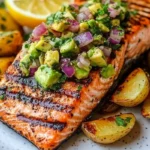 Grilled Salmon with Avocado Herb Salsa & Crispy Potatoes 3 r 4 2