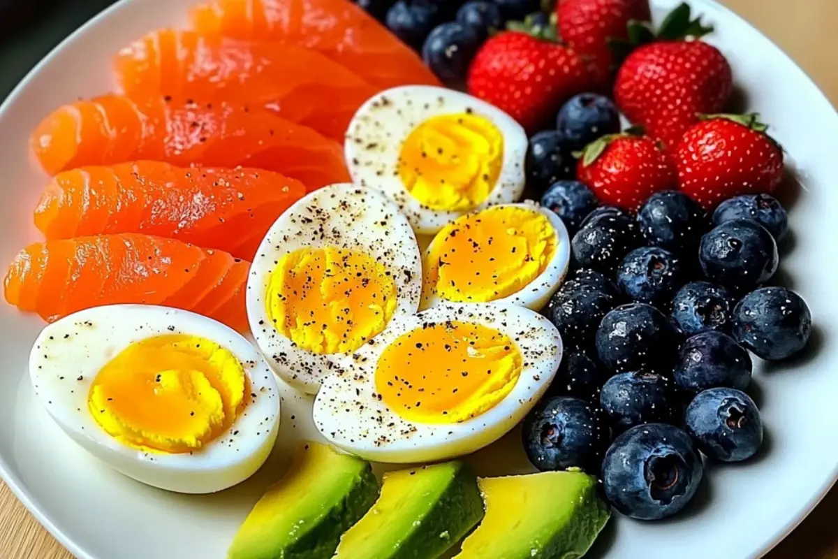 Luxe Protein Breakfast Plate with Salmon, Eggs & Fruit