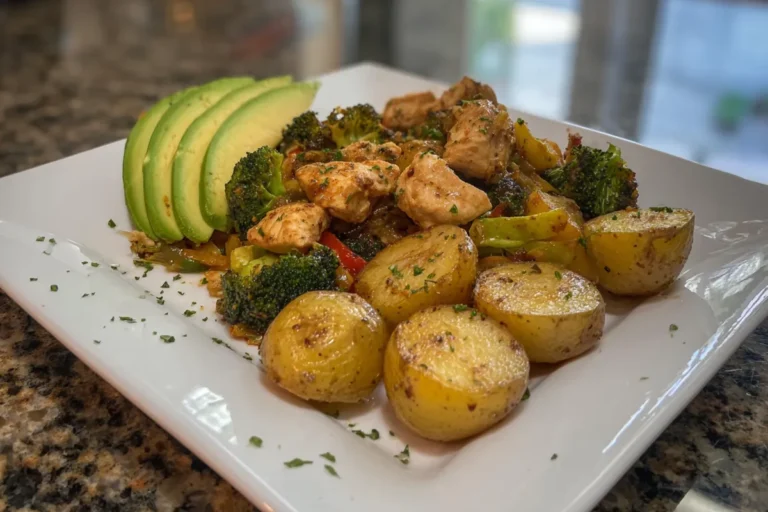 Garlic Chicken Veggie Stir-Fry with Crispy Potatoes & Avocado,