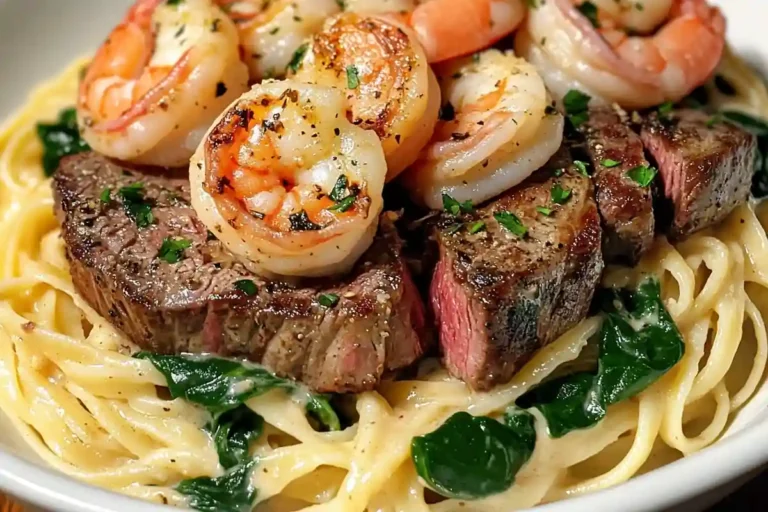 Steak Shrimp Garlic Pasta