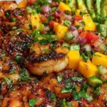 SHRIMP AND AVOCADO BOWLS WITH MANGO SALSA & LIME-CHILI SAUCE