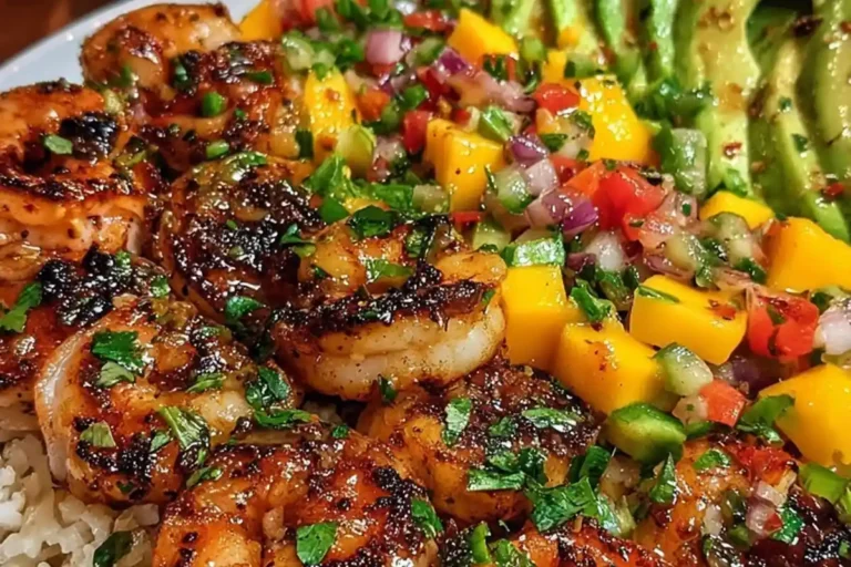 SHRIMP AND AVOCADO BOWLS WITH MANGO SALSA & LIME-CHILI SAUCE