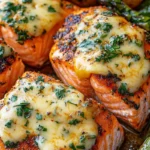 HERB-CRUSTED SALMON WITH CHEESY ASPARAGUS & ROASTED POTATOES