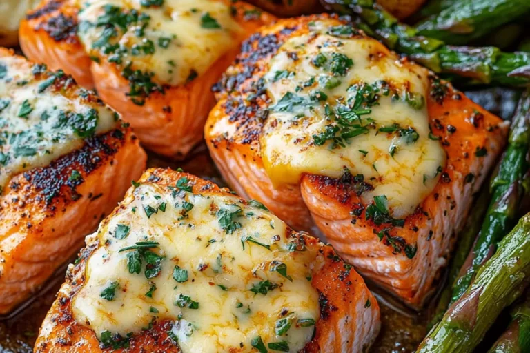 HERB-CRUSTED SALMON WITH CHEESY ASPARAGUS & ROASTED POTATOES