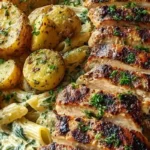 Ultimate Creamy Spinach Pasta with Grilled Chicken & Garlic Potatoes
