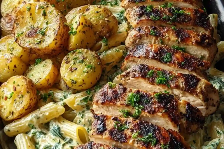 Ultimate Creamy Spinach Pasta with Grilled Chicken & Garlic Potatoes