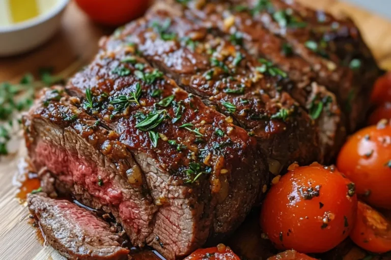 Garlic Herb Beef Roast with Roasted Tomatoes .