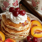FLUFFY CHERRY PANCAKES WITH FRESH PEACHES