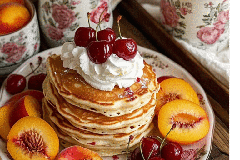 FLUFFY CHERRY PANCAKES WITH FRESH PEACHES