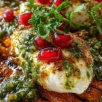 GRILLED SWEET POTATO STEAKS WITH LABNEH, HERB SAUCE & POMEGRANATE