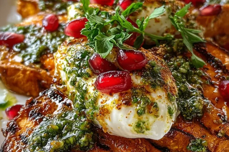 GRILLED SWEET POTATO STEAKS WITH LABNEH, HERB SAUCE & POMEGRANATE