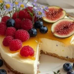 NO-BAKE VANILLA CHEESECAKE WITH HONEY GLAZE, FIGS & BERRIES