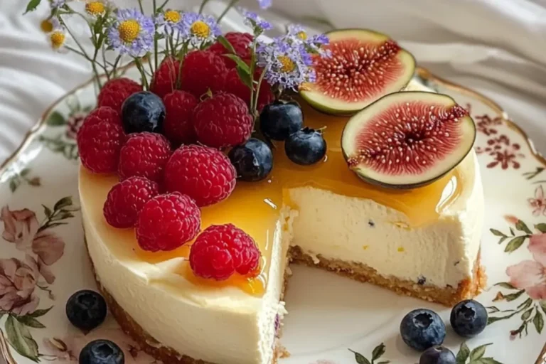 NO-BAKE VANILLA CHEESECAKE WITH HONEY GLAZE, FIGS & BERRIES