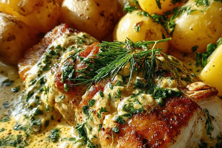 PAN-SEARED FISH WITH HERB CREAM SAUCE & BABY POTATOES