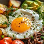 SHREDDED BEEF BREAKFAST BOWL WITH CRISPY POTATOES, AVOCADO & SUNNY SIDE EGG