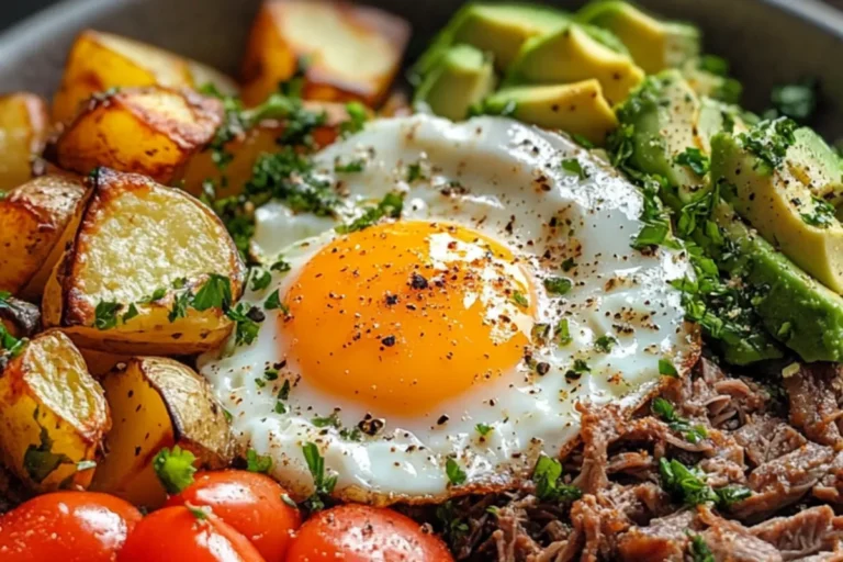 SHREDDED BEEF BREAKFAST BOWL WITH CRISPY POTATOES, AVOCADO & SUNNY SIDE EGG