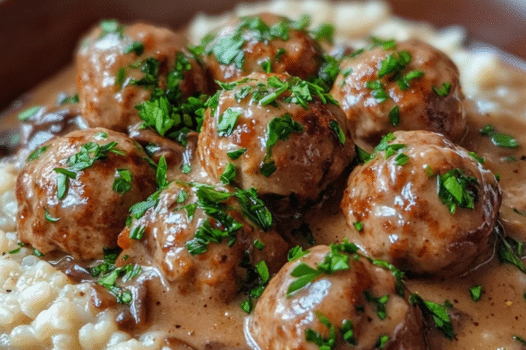 SWEDISH MEATBALLS with Mushroom Gravy over Parmesan Risotto