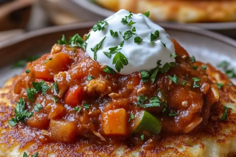 CRISPY POTATO PANCAKES WITH SAVORY VEGETABLE SAUCE