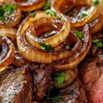 garlic butter steak bites with onion gravy