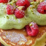 pistachio cream pancakes with raspberries