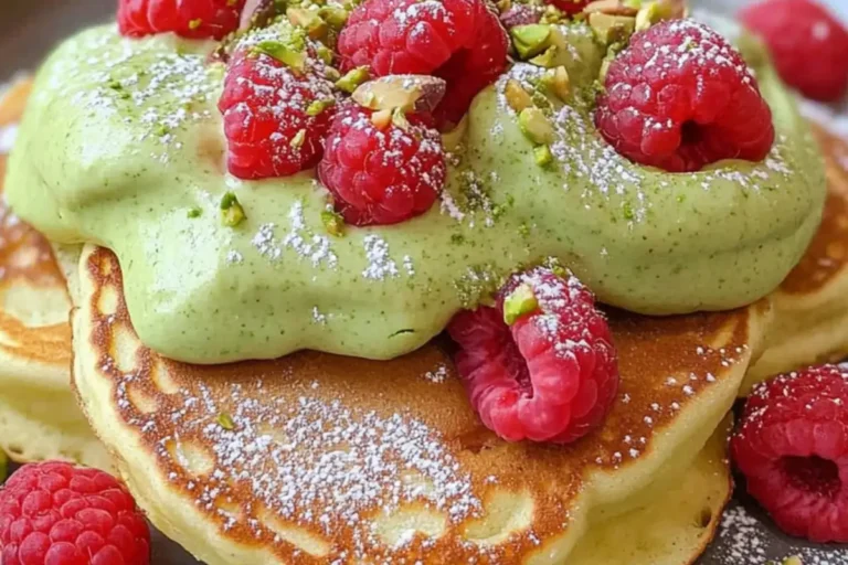 pistachio cream pancakes with raspberries