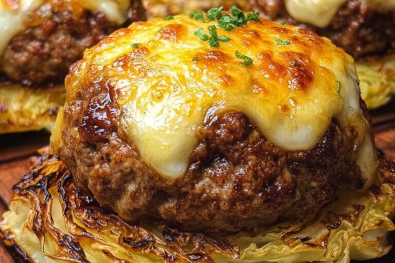 cheesy beef patties on roasted cabbage