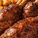 sticky garlic glazed lamb shanks with roasted potatoes