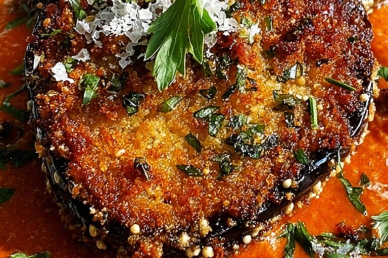 crispy parmesan eggplant steaks with roasted red pepper sauce