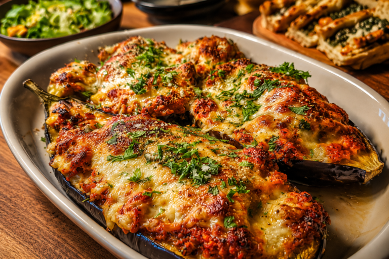 loaded cheesy stuffed eggplant boats