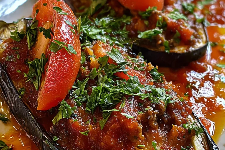 savory tomato beef stuffed eggplants