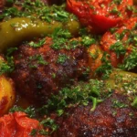 spiced baked kofta with roasted vegetables