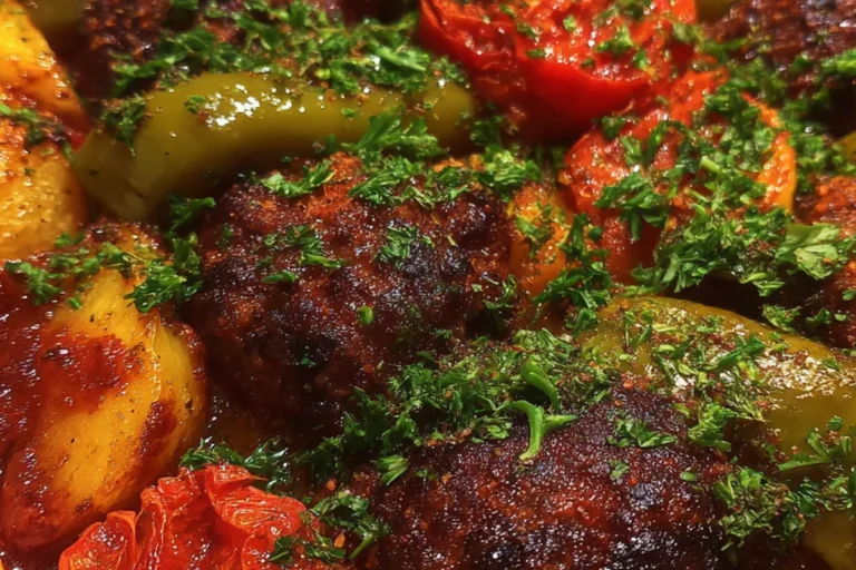 spiced baked kofta with roasted vegetables
