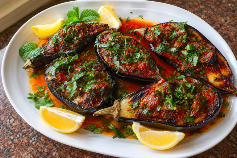 spicy roasted harissa eggplant halves